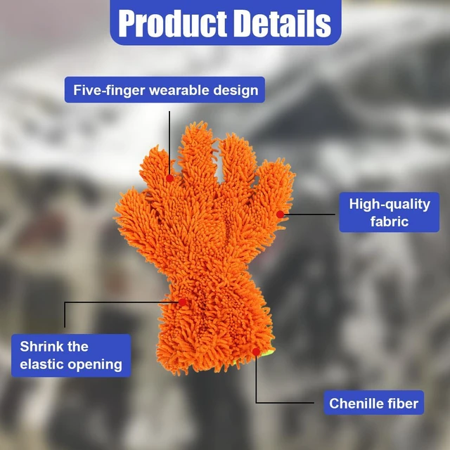 Alt view image 3 of 6 - UHANBUT 2PCS Car Wash Mitts, Double Sided Chenille Microfiber Dusting Gloves with 5-Finger Design, Anti-Scratch Auto Interior Exterior Detailing Mitt for Cleaning Wheel Tight Spot (Orange)