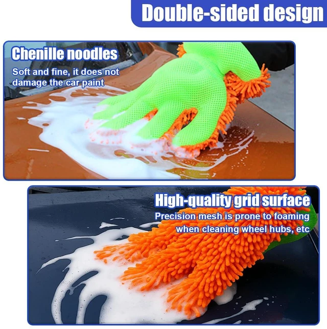 Alt view image 5 of 6 - UHANBUT 2PCS Car Wash Mitts, Double Sided Chenille Microfiber Dusting Gloves with 5-Finger Design, Anti-Scratch Auto Interior Exterior Detailing Mitt for Cleaning Wheel Tight Spot (Orange)