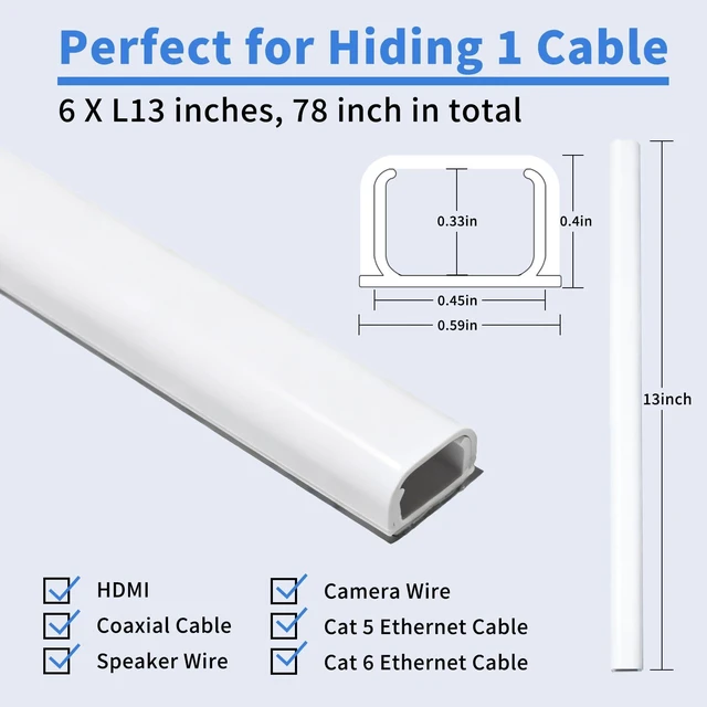 Alt view image 2 of 7 - Wire Covers for 2 Cords, 70in (5X L14in) Wire Hider on Wall Mounted, White Cord Cover Kit, Cable Cover Cable Concealer for Extension Cord, Ethernet Cable, Speaker Wire, 0.7in(W) x 0.4in(H)