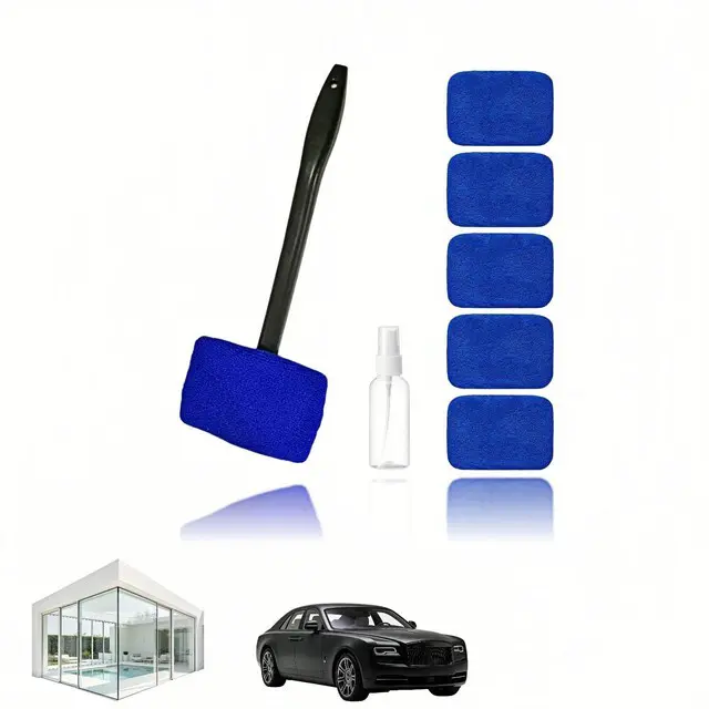 Main image of Car Windshield Cleaning Tool with 6 Reusable Washable Microfiber Pads, Telescopic Handle & 180° Rotating Head No Streak Interior Glass Wiper Kit for Auto, Truck, SUV