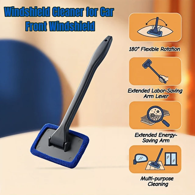 Alt view image 2 of 7 - Car Windshield Cleaning Tool with 6 Reusable Washable Microfiber Pads, Telescopic Handle & 180° Rotating Head No Streak Interior Glass Wiper Kit for Auto, Truck, SUV