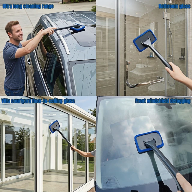 Alt view image 7 of 7 - Car Windshield Cleaning Tool with 6 Reusable Washable Microfiber Pads, Telescopic Handle & 180° Rotating Head No Streak Interior Glass Wiper Kit for Auto, Truck, SUV