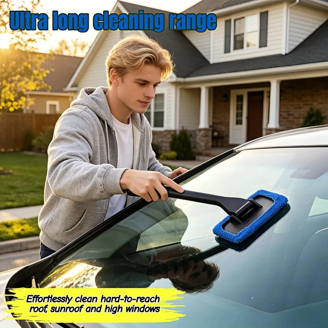 Alt view image 6 of 7 - Car Windshield Cleaning Tool with 6 Reusable Washable Microfiber Pads, Telescopic Handle & 180° Rotating Head No Streak Interior Glass Wiper Kit for Auto, Truck, SUV