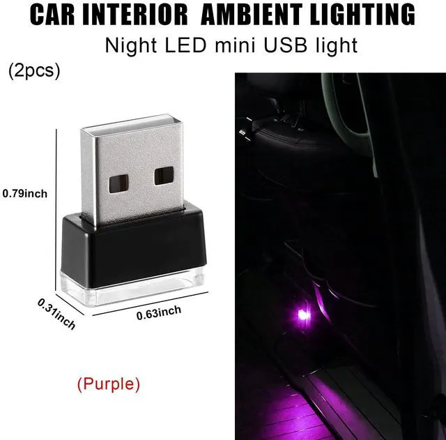 Alt view image 2 of 6 - Sylvil 2 PCS USB LED Car Interior Atmosphere Lamp, Portable Mini LED Night Light, Plug-in USB Interface Trunk Ambient Lighting Kit, Universal Interior Car Accessories (Purple)