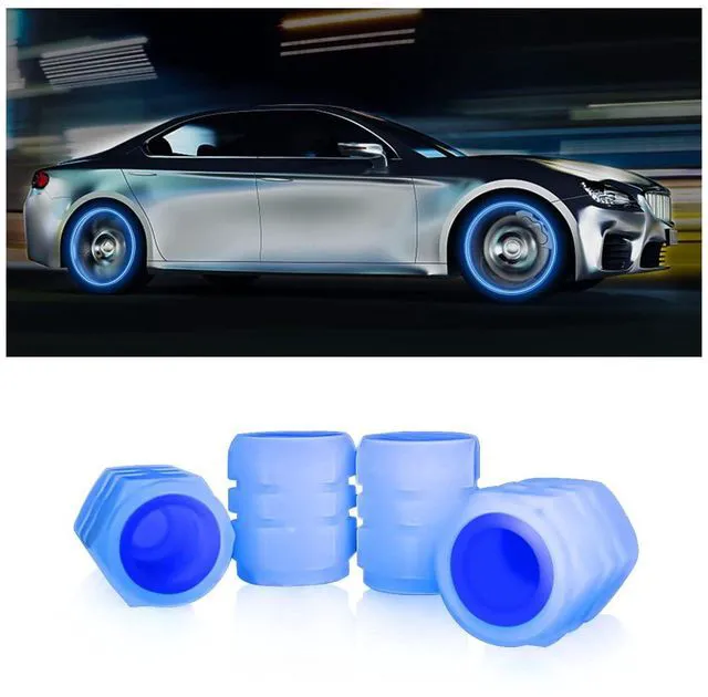 Main image of YALOK 4PCS Glow-in-Dark Tire Valve Stem Caps, Air Covers, Blue | Standard valve fit, cars/SUVs/trucks/bikes, ABS insert, rubber seal, hand screw-on, light-charged, exterior accessories