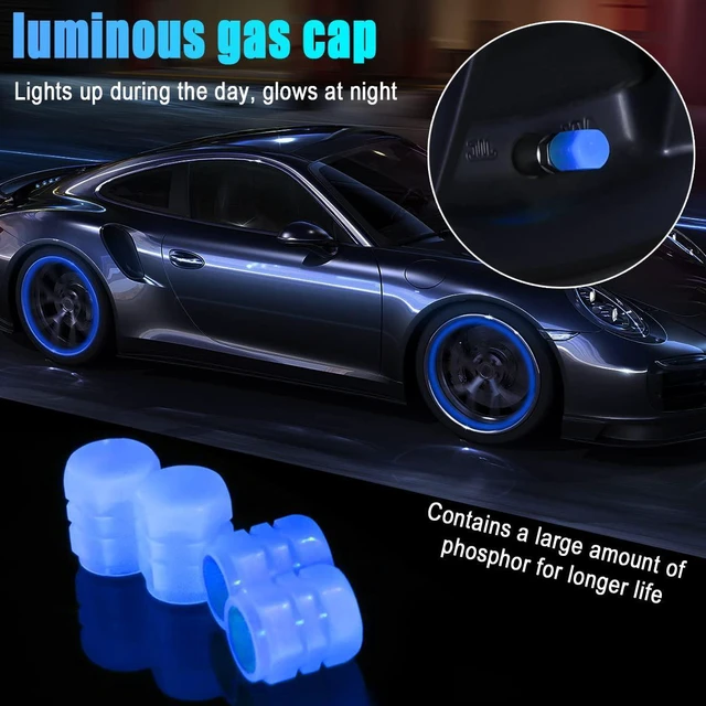 Alt view image 3 of 7 - YALOK 4PCS Glow-in-Dark Tire Valve Stem Caps, Air Covers, Blue | Standard valve fit, cars/SUVs/trucks/bikes, ABS insert, rubber seal, hand screw-on, light-charged, exterior accessories