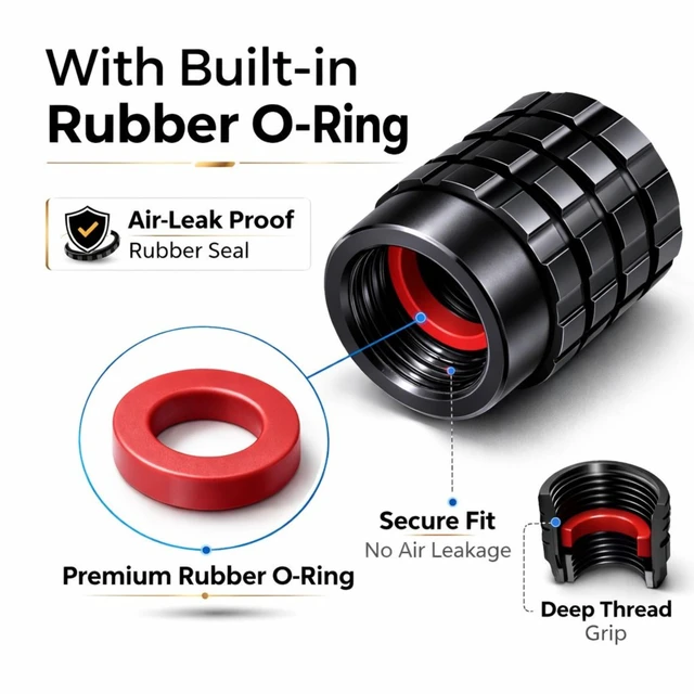 Alt view image 2 of 7 - Tire Valve Stem Caps with Leak-Proof O-Ring Seal, Corrosion-Resistant Valve Caps for Cars SUVs Trucks Motorcycles & Bikes, Black, 4 Pack