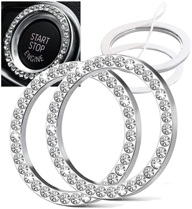 Main image of 2pcs Bling Car Engine Start Button Cover Diamond Crystal Push Start Stop Button Ring Sparkly Bling Ignition Button Cover Rhinestone Keyless Ignition Ring Universal Car Accessories (Silver)