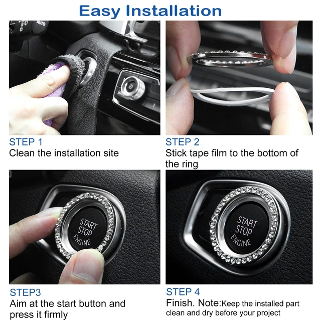 Alt view image 4 of 6 - 2pcs Bling Car Engine Start Button Cover Diamond Crystal Push Start Stop Button Ring Sparkly Bling Ignition Button Cover Rhinestone Keyless Ignition Ring Universal Car Accessories (Silver)