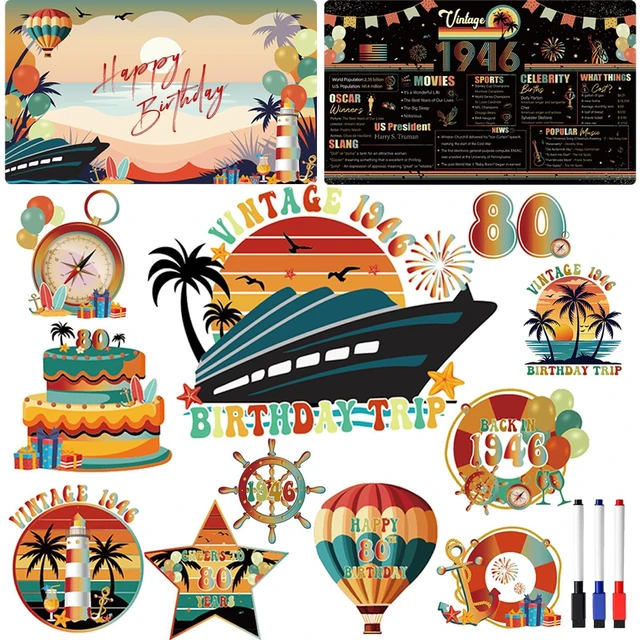 Main image of Dazoratix 80th Birthday Cruise Magnets - 13 Pcs Retro Door Ship Cabin | Stateroom Retro Vintage Anchor Cabin Decals Stickers for Holiday Party Decor Fridge Car Garage Decorations Magnetic 1946