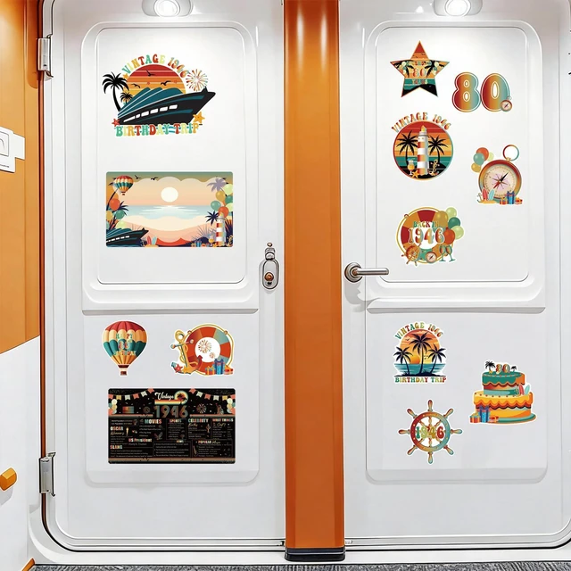 Alt view image 3 of 7 - Dazoratix 80th Birthday Cruise Magnets - 13 Pcs Retro Door Ship Cabin | Stateroom Retro Vintage Anchor Cabin Decals Stickers for Holiday Party Decor Fridge Car Garage Decorations Magnetic 1946