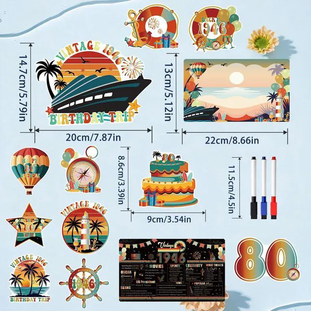 Alt view image 2 of 7 - Dazoratix 80th Birthday Cruise Magnets - 13 Pcs Retro Door Ship Cabin | Stateroom Retro Vintage Anchor Cabin Decals Stickers for Holiday Party Decor Fridge Car Garage Decorations Magnetic 1946