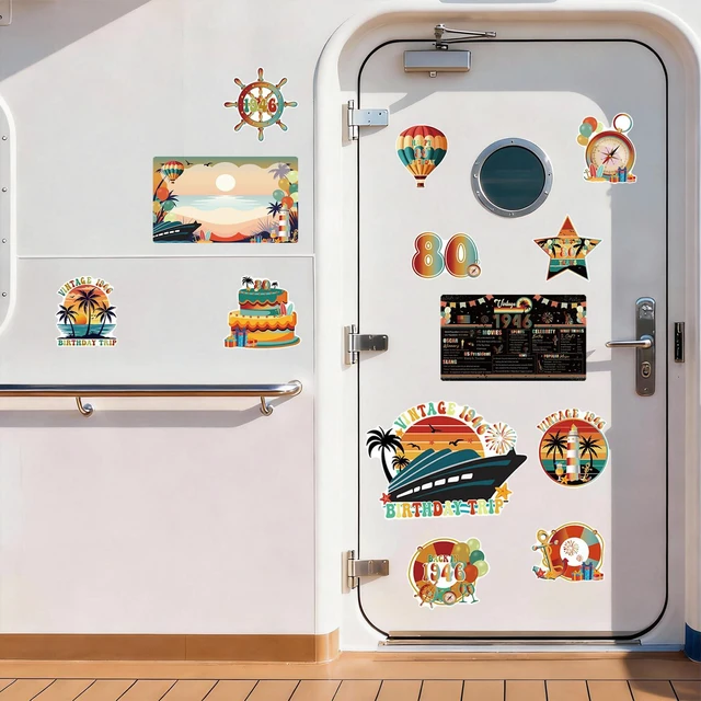 Alt view image 4 of 7 - Dazoratix 80th Birthday Cruise Magnets - 13 Pcs Retro Door Ship Cabin | Stateroom Retro Vintage Anchor Cabin Decals Stickers for Holiday Party Decor Fridge Car Garage Decorations Magnetic 1946