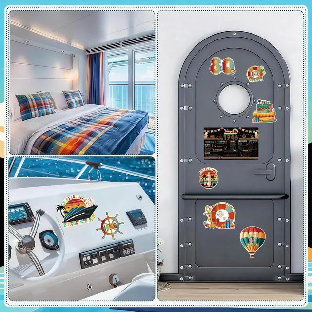Alt view image 5 of 7 - Dazoratix 80th Birthday Cruise Magnets - 13 Pcs Retro Door Ship Cabin | Stateroom Retro Vintage Anchor Cabin Decals Stickers for Holiday Party Decor Fridge Car Garage Decorations Magnetic 1946
