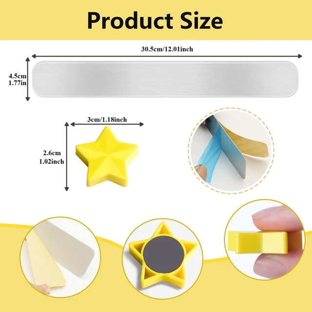 Alt view image 2 of 7 - DUJEQM Magnetic Board for Wall - 2Pcs Stainless Iron Magnetic Strips with Adhesive Backing, Magnet Board Bulletin Boards Magnet Strips Memo Board - Includes 10 Yellow Magnets for School Office Kitchen