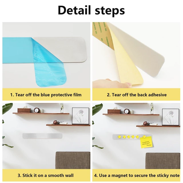 Alt view image 7 of 7 - DUJEQM Magnetic Board for Wall - 2Pcs Stainless Iron Magnetic Strips with Adhesive Backing, Magnet Board Bulletin Boards Magnet Strips Memo Board - Includes 10 Yellow Magnets for School Office Kitchen