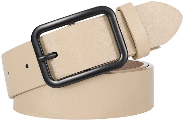 Main image of WERFORU Women Classic Beige Leather Belt With Square Black Buckle For Jeans Pants,1.3" width
