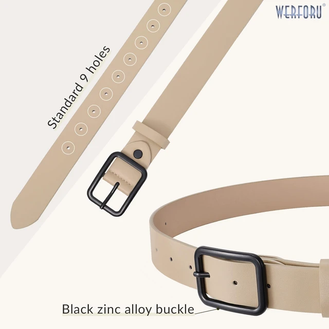 Alt view image 3 of 5 - WERFORU Women Classic Beige Leather Belt With Square Black Buckle For Jeans Pants,1.3" width