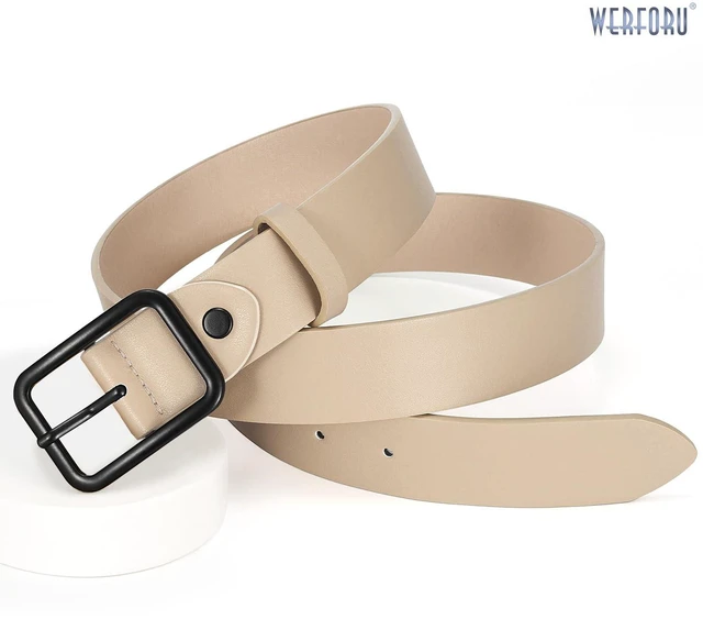 Alt view image 5 of 5 - WERFORU Women Classic Beige Leather Belt With Square Black Buckle For Jeans Pants,1.3" width