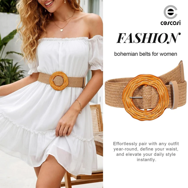 Alt view image 2 of 7 - C O E CESCOSI Women Straw Woven Elastic Belt for Dresses Fashion Boho Braided Waist Belt Rattan Raffia Ladies Casual Belts