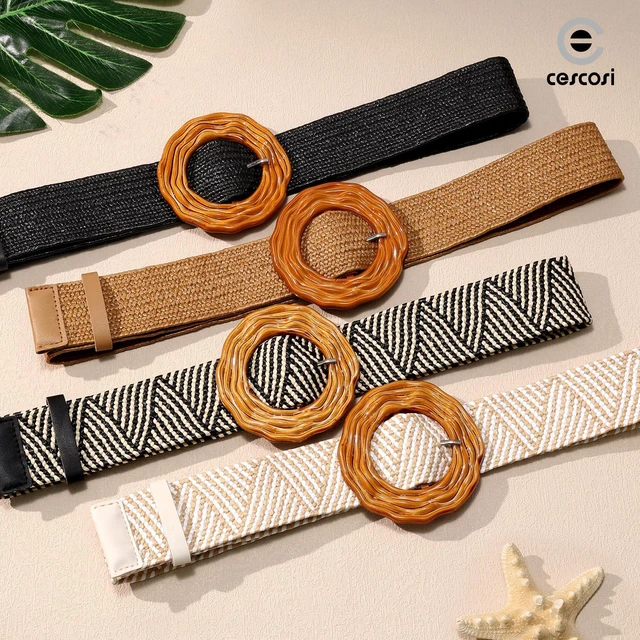 Alt view image 6 of 7 - C O E CESCOSI Women Straw Woven Elastic Belt for Dresses Fashion Boho Braided Waist Belt Rattan Raffia Ladies Casual Belts