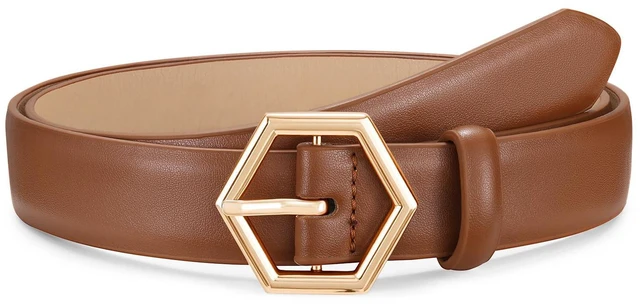 Main image of WHIPPY Skinny Leather Belt for Women Casual Waist Belt for Jeans Pants Fashion Ladies Thin Belt with Gold Buckle, Brown, L