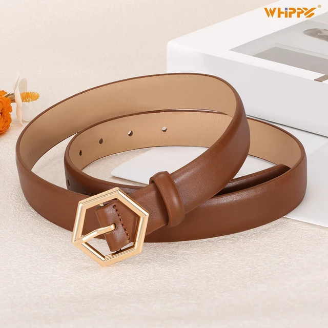 Alt view image 2 of 7 - WHIPPY Skinny Leather Belt for Women Casual Waist Belt for Jeans Pants Fashion Ladies Thin Belt with Gold Buckle, Brown, L