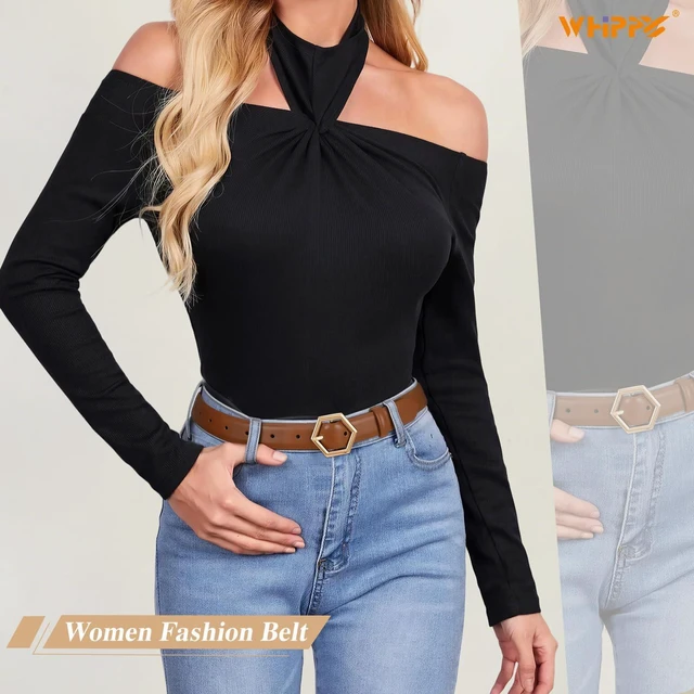 Alt view image 4 of 7 - WHIPPY Skinny Leather Belt for Women Casual Waist Belt for Jeans Pants Fashion Ladies Thin Belt with Gold Buckle, Brown, L