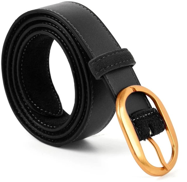 Alt view image 4 of 4 - Valleycomfy Womens Leather Suede Waist Belt for Casual Dress Jeans Ladies | Gold Buckle Black 36"-40"