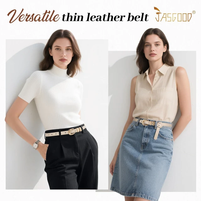 Alt view image 2 of 6 - JASGOOD Women Skinny Leather Belt Fashion Thin Waist Belt for Jeans Dress Ladies Small Belt with Gold/Silver Buckle