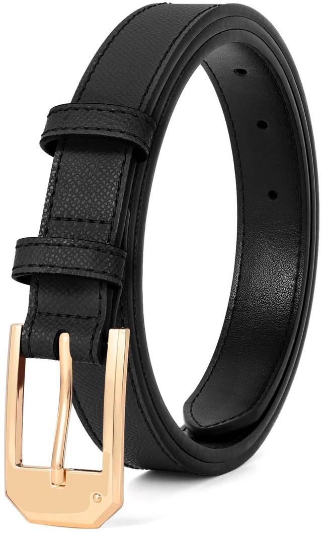 Main image of XZQTIVE Women's Thin Leather Belts Ladies Skinny Black Belts for Jeans Dress Pants Trendy Waist Belt with Gold Buckle