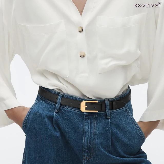 Alt view image 3 of 6 - XZQTIVE Women's Thin Leather Belts Ladies Skinny Black Belts for Jeans Dress Pants Trendy Waist Belt with Gold Buckle
