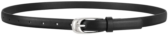 Main image of WERFORU Skinny Leather Belt for Dress Jeans Women Thin PU Leather Belt with Fashion Silver Buckle,black,0.7" Width