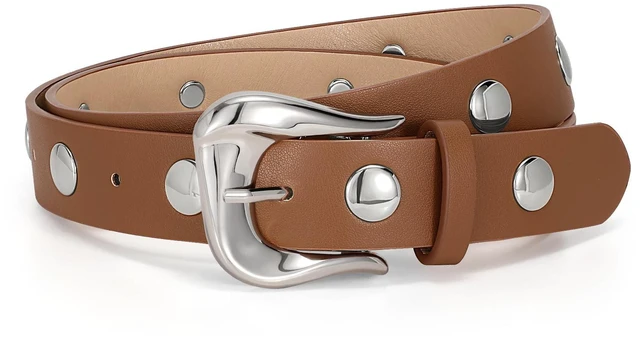Main image of LEACOOLKEY Women Leather Belts for Jeans Dress Fashion Gold Black Leather Belt Women Studded Belt Punk Leather Belt