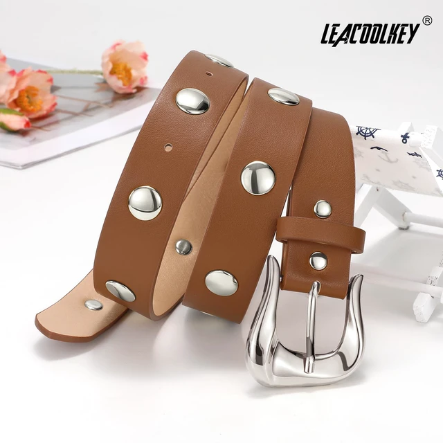 Alt view image 3 of 7 - LEACOOLKEY Women Leather Belts for Jeans Dress Fashion Gold Black Leather Belt Women Studded Belt Punk Leather Belt