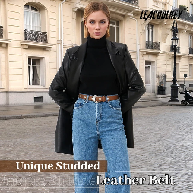 Alt view image 4 of 7 - LEACOOLKEY Women Leather Belts for Jeans Dress Fashion Gold Black Leather Belt Women Studded Belt Punk Leather Belt