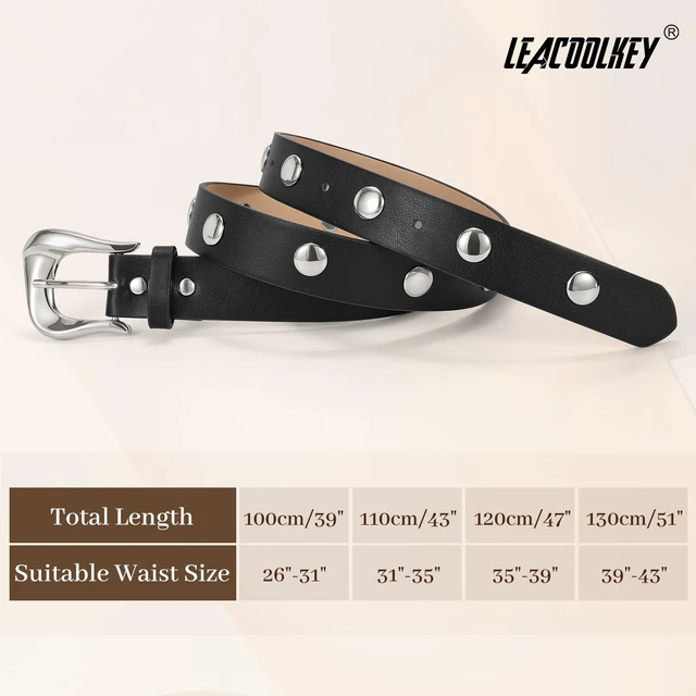 Alt view image 5 of 7 - LEACOOLKEY Women Leather Belts for Jeans Dress Fashion Gold Black Leather Belt Women Studded Belt Punk Leather Belt