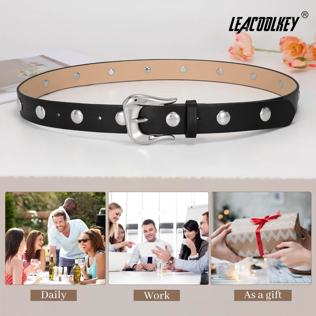 Alt view image 7 of 7 - LEACOOLKEY Women Leather Belts for Jeans Dress Fashion Gold Black Leather Belt Women Studded Belt Punk Leather Belt