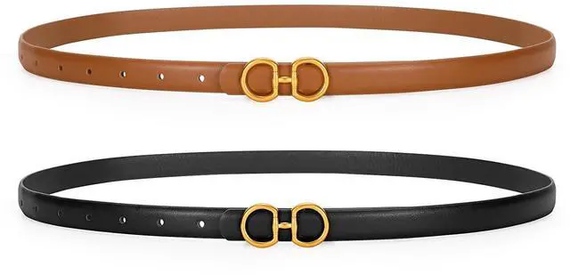 Main image of CESCOSI Women Skinny Leather Belts Ladies 2 Pack Thin Waist Belts with Gold Buckle for Dresses 0.7" Width