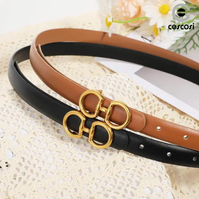 Alt view image 2 of 7 - CESCOSI Women Skinny Leather Belts Ladies 2 Pack Thin Waist Belts with Gold Buckle for Dresses 0.7" Width