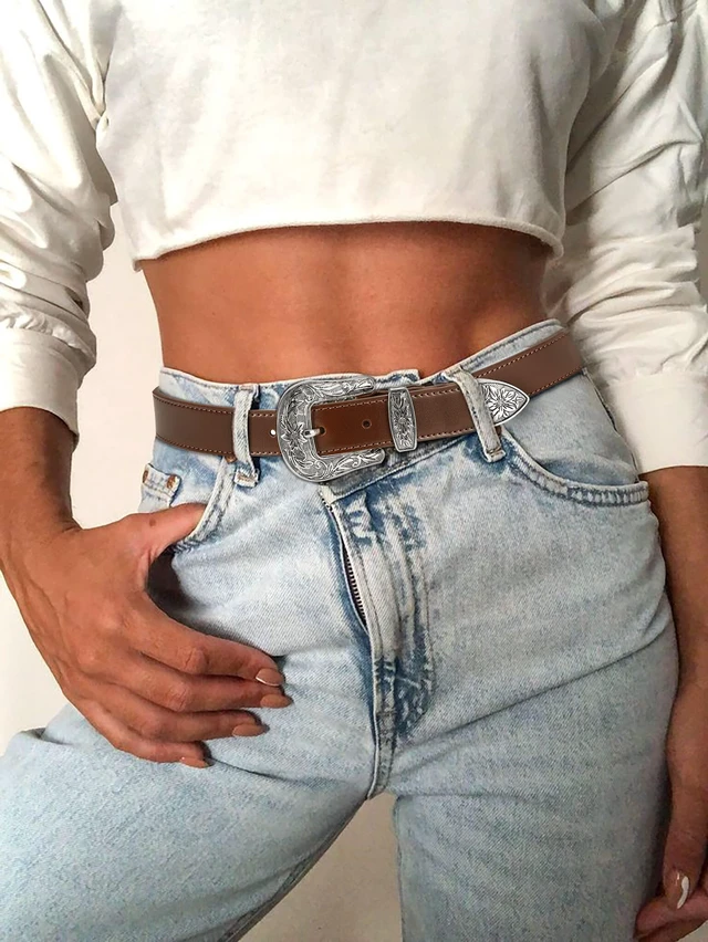 Alt view image 2 of 7 - CHAOREN Brown Belt Women - 1.1" CR Western Belts For Woman Leather Belts Cowboy Belt - Country Belts For Women with Vintage Buckle for Jeans
