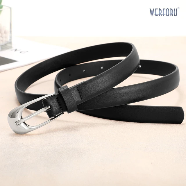 Alt view image 3 of 5 - WERFORU Skinny Leather Belt for Dress Jeans Women Thin PU Leather Belt with Fashion Silver Buckle,black,0.7" Width