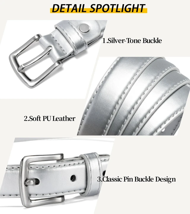 Alt view image 4 of 5 - maikun Womens Belt for Jeans Dress, Ladies Classic Faux Leather Waist Belt | Fashion Daily Belt for Office Pants Dress, Silver Belt, Size M