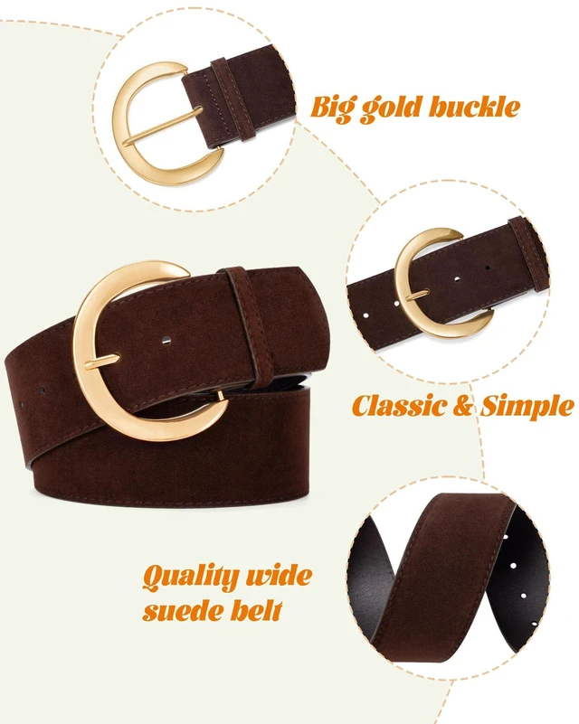 Alt view image 2 of 6 - maikun Wide Belts for Women, Suede Belt Women, Thick Chunky Waistband | Fashion Gold Buckle Belt for Dress, Coffee Suede Belt, Size S