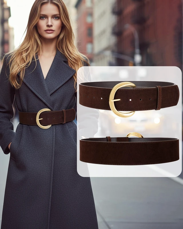 Alt view image 3 of 6 - maikun Wide Belts for Women, Suede Belt Women, Thick Chunky Waistband | Fashion Gold Buckle Belt for Dress, Coffee Suede Belt, Size S