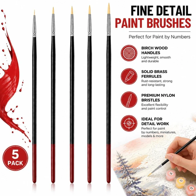 Alt view image 3 of 6 - 5Pcs Paint by Numbers Kit for Adults Acrylic Paintbrushes Set,Professional Small Fine Tip Detail Miniature Paint Brushes for Watercolor Gouache Oil Face Painting,Model,Figurine,Craft