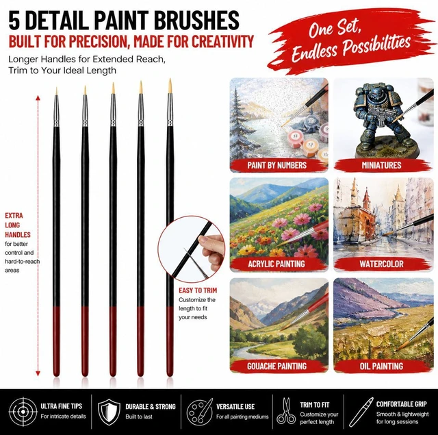 Alt view image 5 of 6 - 5Pcs Paint by Numbers Kit for Adults Acrylic Paintbrushes Set,Professional Small Fine Tip Detail Miniature Paint Brushes for Watercolor Gouache Oil Face Painting,Model,Figurine,Craft