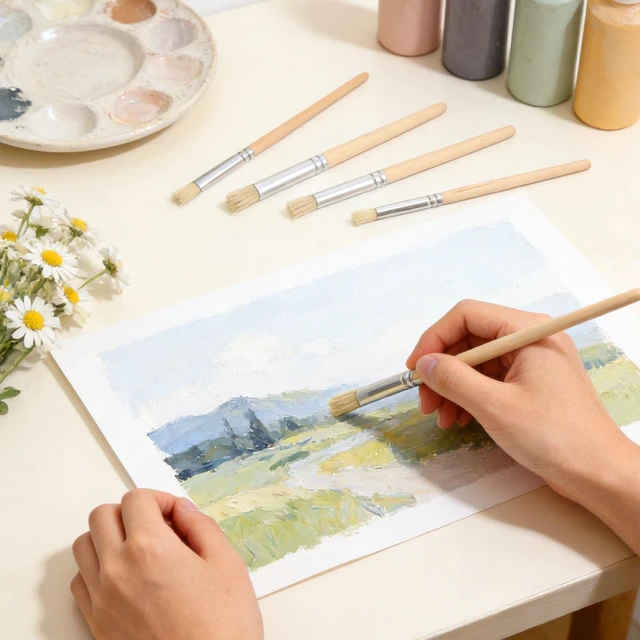 Alt view image 5 of 7 - 6Pcs Wooden Stencil Brushes, Natural Bristle Paint Brushes Set | 3 Sizes Wood Paint Template Brush for Stencil Painting Acrylic Oil Watercolor DIY Art Crafts
