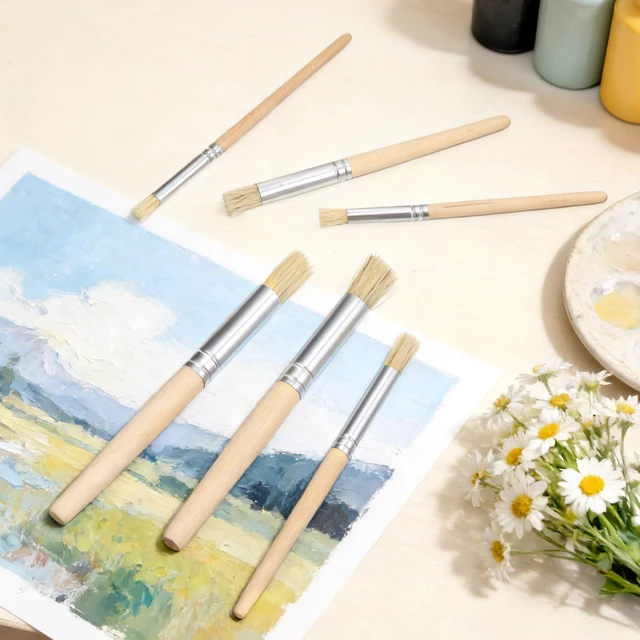 Alt view image 7 of 7 - 6Pcs Wooden Stencil Brushes, Natural Bristle Paint Brushes Set | 3 Sizes Wood Paint Template Brush for Stencil Painting Acrylic Oil Watercolor DIY Art Crafts