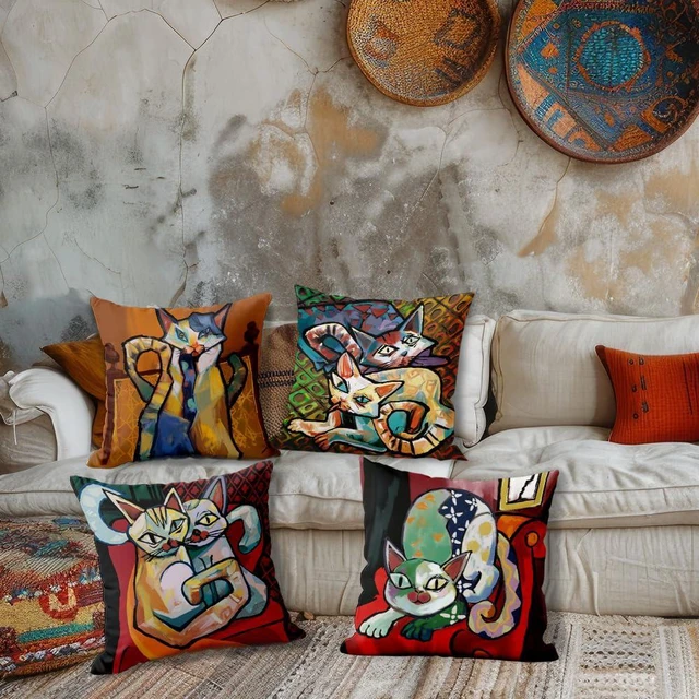 Alt view image 4 of 6 - Funny Spring Summer Cat Abstract Art Picasso Painting Throw Pillows Covers 18 x 18 Inch for Art Lover Cat Mom Family Outdoor Cushion Couch Sofa Bed Room